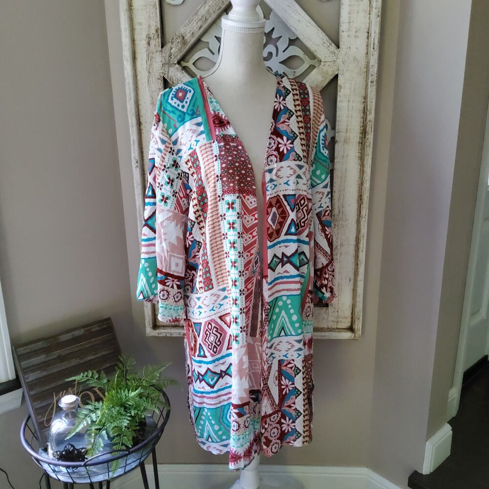 PRose Patchwork Boho Multicolor Kimono Ruana Coverup Small Western Indie